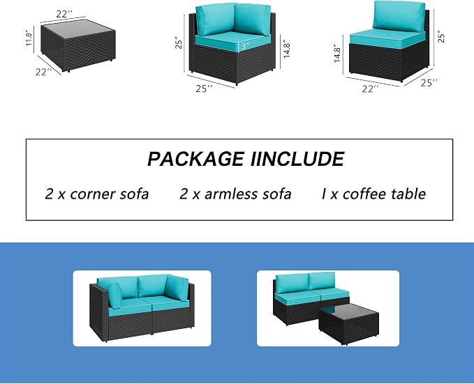 5 Piece Outdoor Patio Furniture Set,Black PE Rattan Wicker Sectional Sofa, All Weather Conversation Set with Washable Cushions & Glass Coffee Table for Backyard Poolside Garden Porch,Blue