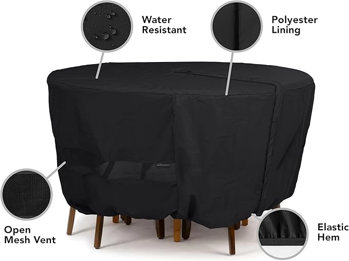 Covermates Classic Round Dining Table Cover – All-Weather Outdoor Table Protection, Water-Resistant Vinyl, Elastic Hem, Mesh Vents, Patio Furniture Cover, 48DIAMETER x 25H, Black