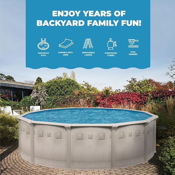 Laredo 24' x 52" Easy-Build DIY Steel above Ground Swimming Pool Kit by WaterThat with Sand Filter Pump, Ladder, Liner, Skimmer, and Winter Pool Cover