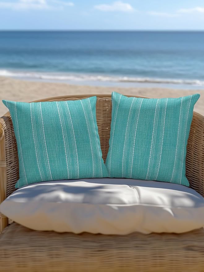 Waterproof Outdoor Pillow 1 Pack Aqua Linen Stripes Decorative Throw Pillows Cover & Insert 16x16 Inch Pillowcase Parallel Vertical Lines Pillows for Couch Sofa Bed Patio Furniture Indoor Outdoor