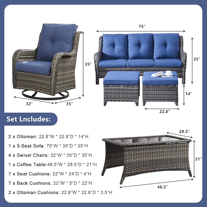 Rilyson Wicker Patio Furniture Set - 8 Piece Rattan Outdoor Sectional Conversation Sets with 4 Swivel Rocking Chairs,2 Ottomans,1 Sofa and 1 Coffee Table for Porch Deck Garden(Mixed Grey/Blue)