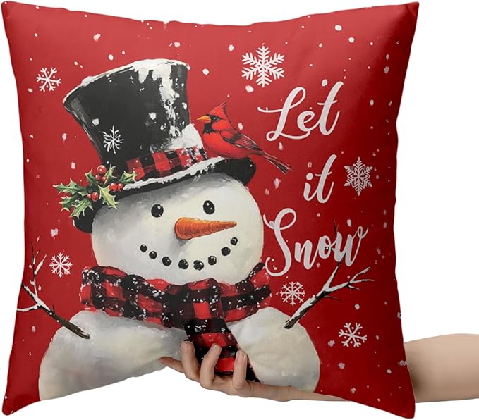 Red Christmas Pillow Covers Snowman Throw Pillow Covers Xmas Tree Pillow Case 18x18 Winter Snowflakes Cotton Blend Cushion Case for Holiday Decor Couch Sofa 2 Pack
