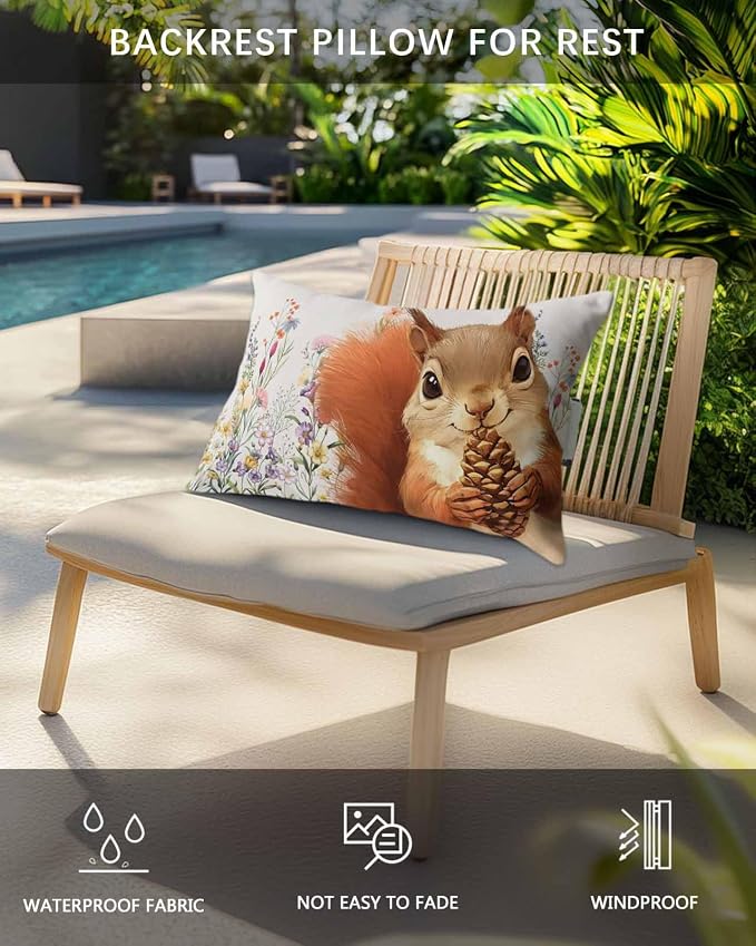 Pack of 2 Outdoor Lumbar Pillow Covers 11x16 Inch, Fall Squirrel Waterproof Throw Pillow Covers Set, Botanical Watercolor Flower Leaf Plant Indoor&Outdoor Cushion Cases for Patio Porch Beach
