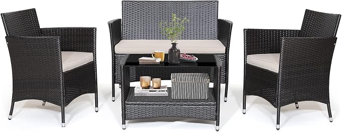Tangkula 4 Pieces Patio Furniture Set, Patiojoy Outdoor PE Wicker Conversation Set with Soft Cushions and Tempered Glass Tabletop, Outdoor Garden Furniture Set with 2-Tier Coffee Table (Brown)