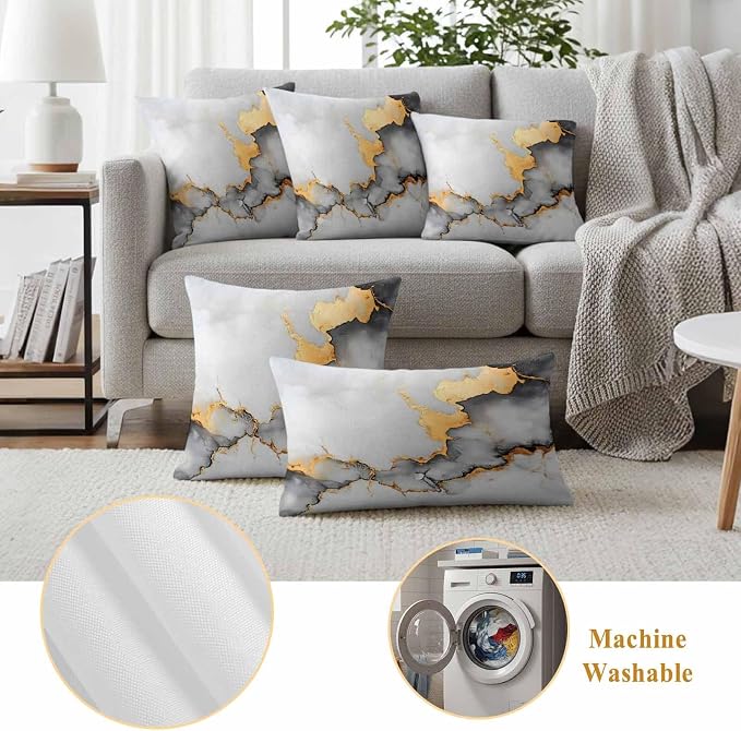 Abstract Marble Texture Outdoor Waterproof Throw Pillow Covers Set of 2, 20"x20", Grey White Gradient Gold Crack Art Decorative Pillow Covers Outside Cushion Case for Patio Porch Garden