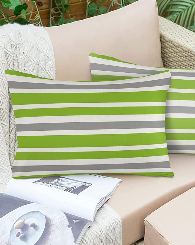 Outdoor Waterproof Pillow Covers for Patio Furniture Green Stripe Decorative Throw Pillow Cover Sage Green Lines Stripes Pillowcases Set of 2 Cushion Case for Sofa Couch Chair Home Decor 20 x 12 Inch
