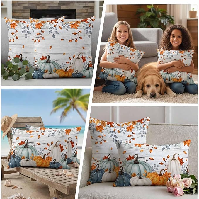 Fall Waterproof Outdoor Pillow Covers 26''x26'' Set of 2, Thanksgiving Maple Leaf Branch Vintage Wooden Patio Cushion Covers for Chairs,Decorative Blue Green Pumpkin Pillow Cases for Garden/Pool/Beach