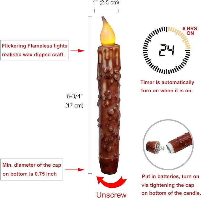 CVHOMEDECO. Real Wax Hand Dipped Battery Operated LED Timer Taper Candles Country Primitive Flameless Lights Décor, 6-3/4 Inch, Coffee, 2 PCS in a Package