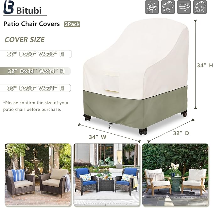 Bitubi Waterproof Patio Chair Covers, Lounge Deep Seat Cover Fits Up to 32W x 34D x 34H inch, Heavy Duty Outdoor Lawn Patio Furniture Cover (2 Pack, Beige)