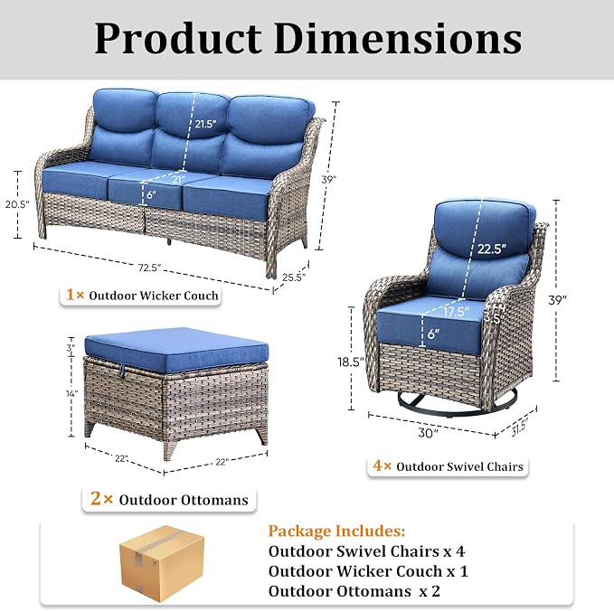 Luxury High Back Patio Furniture Set with 6-Inch Thick Cushions, 7-Pieces Outdoor Furniture with Swivel Chairs, Wicker Conversation Set for Porch, Balcony, Deck and Yard, Grey/Blue