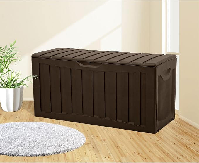 Ram Quality Products Plastic 90 Gallon Outdoor Lockable Backyard Storage Bin Deck Box for Cushions, Pool Accessories, and Towels, Brown