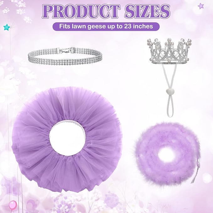4 Pcs Princess Porch Goose Outfit for 23" 17" Cement Lawn Goose Costume Crown Necklace Tutu Skirt Feather Trim(Purple)