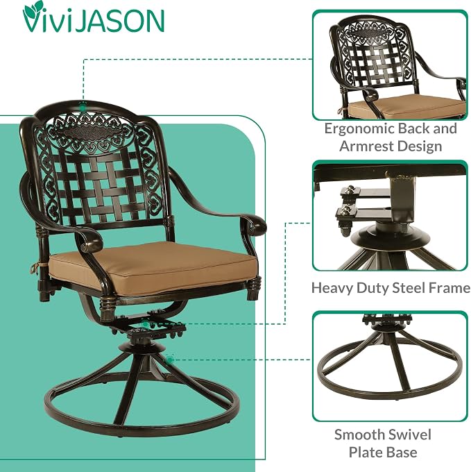 VIVIJASON 3-Piece Patio Bistro Set, Outdoor All-Weather Cast Aluminum Furniture Dining Set, Include 2 Swivel Chairs and 34.5" Round Table w/Umbrella Hole for Balcony, Lawn, Garden, Antique Bronze
