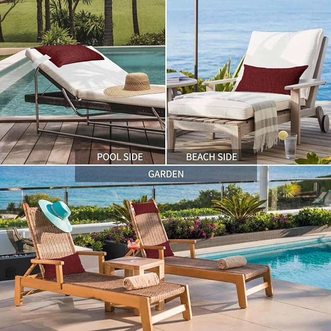 Dark Red Outdoor Lumbar Pillow 11x16 Inch, Farmhouse Burlap Solid Red Color Modern Linen Texture Waterproof Throw Pillow Covers with Insert, Decorative Chair Cushions for Patio Garden Recliner