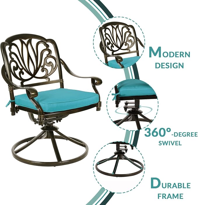 MEETWARM 3-Piece Outdoor Patio Dining Set, All-Weather Cast Aluminum Patio Conversation Set - 2 Cushions Swivel Rocker Chairs and 35.4" Round Table for Backyard Garden Deck, Umbrella Hole, Ocean Blue