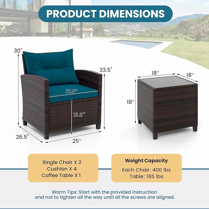 Tangkula 3 Pieces Patio Furniture Set, PE Rattan Wicker 3 Pcs Outdoor Sofa Set w/Washable Cushion and Tempered Glass Tabletop, Conversation Furniture for Garden Poolside Balcony (Prussian Blue)