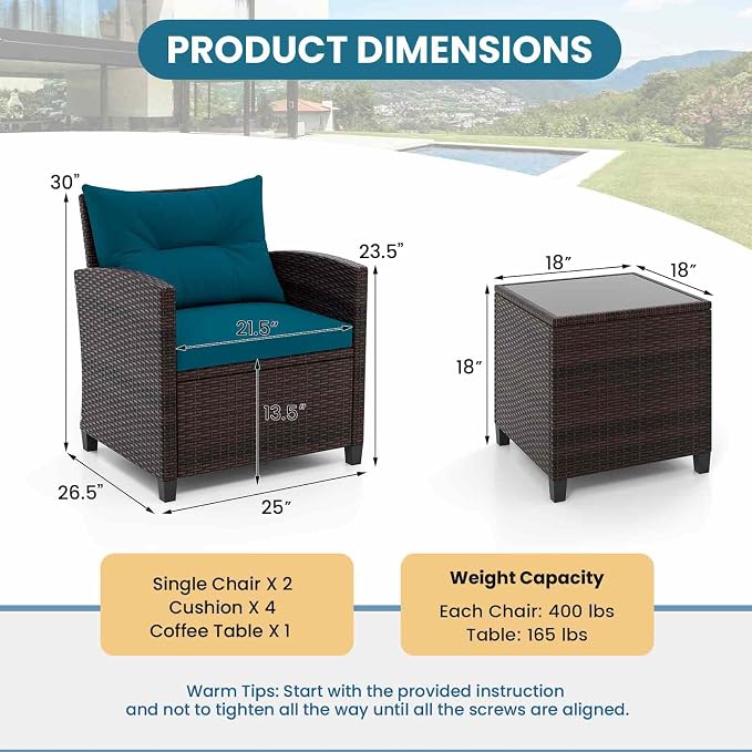 3-Pieces Patio Furniture Set, PE Wicker Chairs Sofa Set with Removable Cushions & Glass Top Side Table, Outdoor Wicker Rattan Conversation Chair for Porch,Backyard, Balcony (Peacock Blue)
