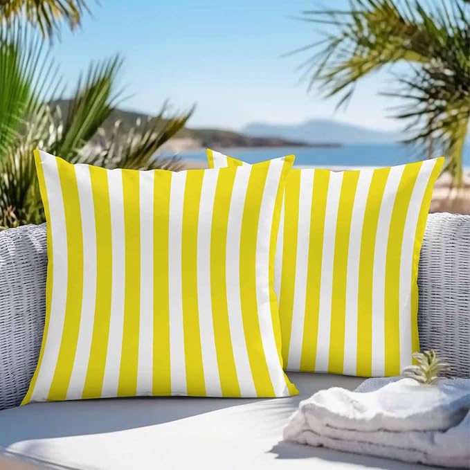 Yellow Striped Outdoor Waterproof Throw Pillow Covers 26x26 Set of 2, Modern Farmhouse Yellow White Stripes Decorative Pillowcases Cushion Pillowcase for Couch Sofa Patio Outside Pillow Protector