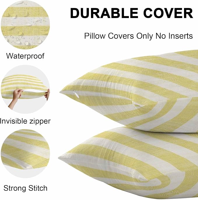 Chucoco Outdoor Waterproof Throw Pillow Cover, Farmhouse Yellow Linen Stripes Decorative Pillows Cushion Covers, Vintage 2 Pack Pillow Cases for Patio Garden Balcony Couch Sofa 16x16in