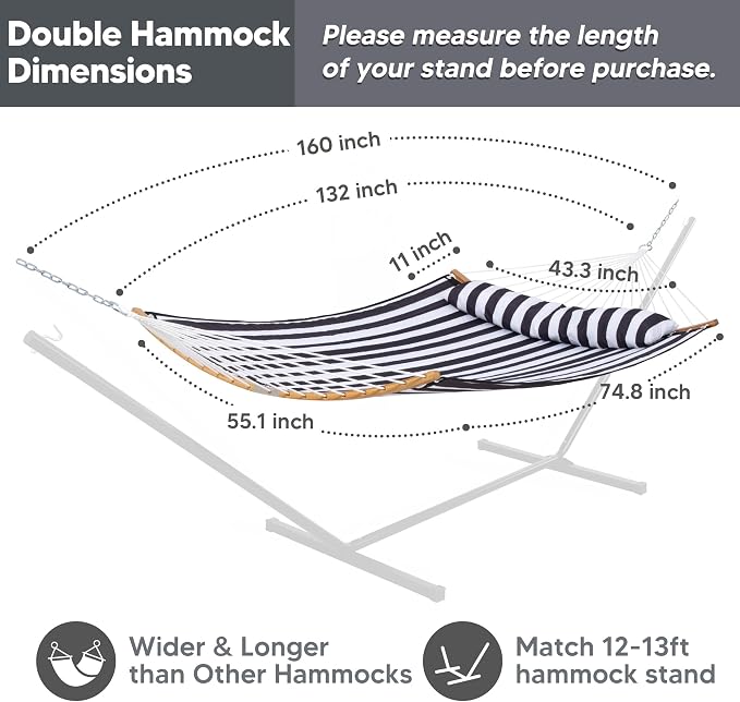 SUNCREAT Hammocks for Outside Hanging Tree Hammock for Outdoor, Large Replacement Hammock for Stand, Black Stripes