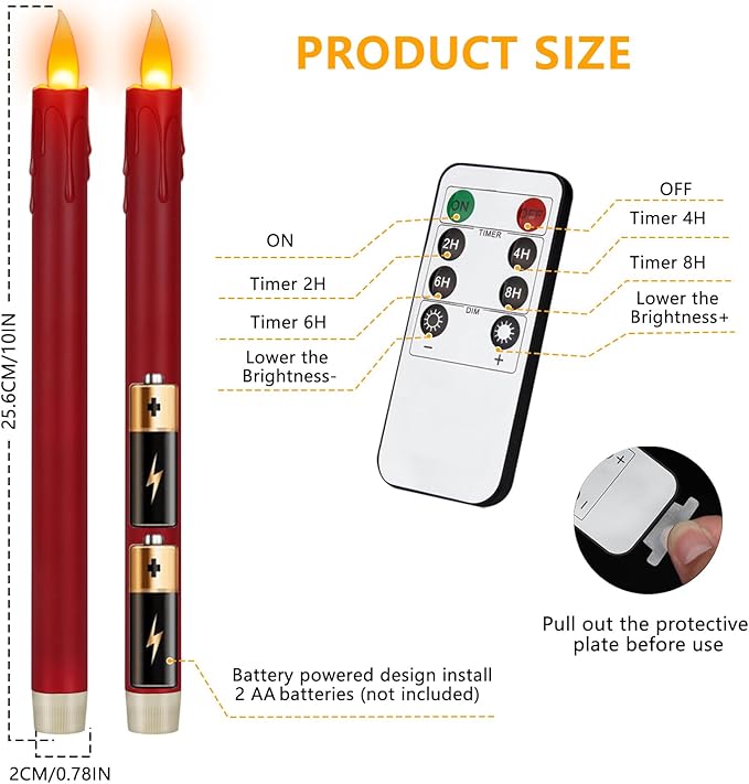 wemarry 24 Pcs Flameless Taper Candles with Remote, 10" Burgundy Battery Operated Led Candlesticks with Flickering 3D Flame, Fake Taper Candles for Christmas Thanksgiving Wedding Home Décor