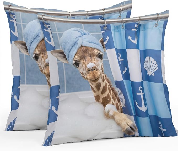 Bathing Giraffe Waterproof Outdoor Pillow Covers Set of 2 Home Decor, Funny Animal Showering Lumbar Pillowcase Patio Pillow Covers for Couch Bench Patio Furniture Garden 20x20in