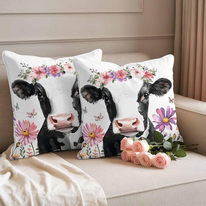 Flowers Cow Waterproof Outdoor Pillow Covers Set of 2 Home Decor, Spring Botanical Floral Plants Butterfly Pillowcase Patio Pillow Covers for Couch Bench Furniture Garden 26x26in