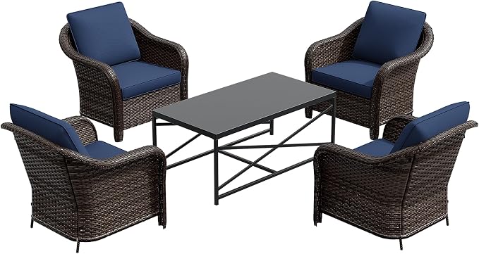 5 Pieces Outdoor Patio Conversation Furniture Set with Removable Covers, All-Weather PE Rattan, 4 Steel Frame Wicker Chairs with Cushions, 47" Metal Coffee Table for Yard (Navy Blue)