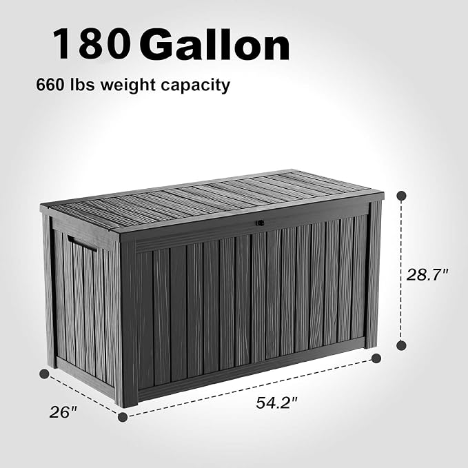 PatioZen 180 Gallon Large Deck Box,Resin Outdoor Storage Box with Lockable for Patio Furniture, Pool Accessories, Garden Tools Waterproof Outside Storage Box, Black