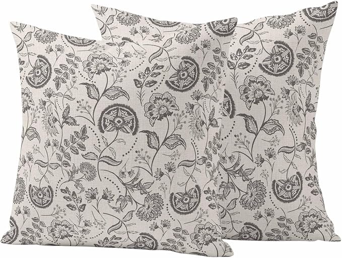 Outdoor Pillow Covers 24x24 Set of 2, Grey Paisley Waterproof Patio Throw Pillow Covers for Couch Sofa Chair, Boho Flower Botanical Leaf Branch Decorative Pillowcases for Throw Pillows