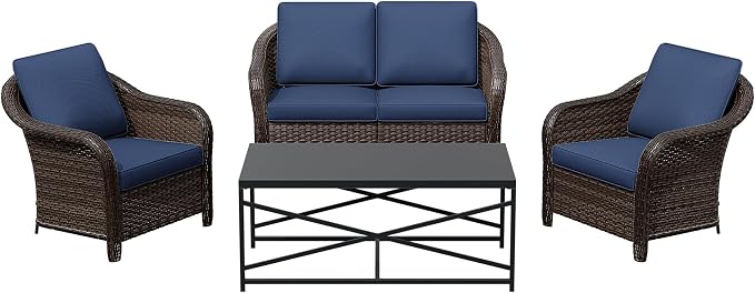 4 Pieces Outdoor Conversation Furniture Set, 55" Patio Couch，47" Metal Coffee Table, 2 Chairs, Rattan Wicker Sofa with Removable Cushions for Bistro, Deck (Navy Blue)