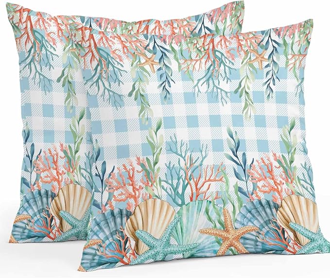 Throw Pillow Covers 16x16 Inch Set of 2, Nautical Coastal Waterproof Outdoor Pillow Covers, Summer Beach Shell Coral Seaweed Blue Plaid Decorative Cushion Pillowcases for Couch, Sofa, Bed, Patio
