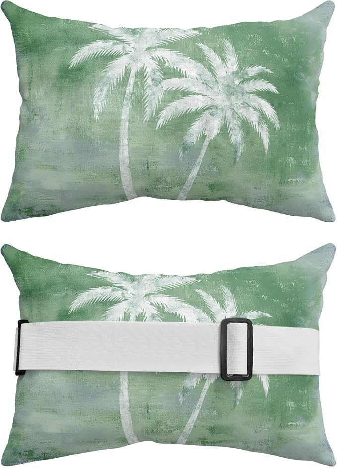 Palm Trees Tropical Outdoor Pillows for Chaise Lounge Chair Waterproof Lumbar Pillows with Insert&Adjustable Strap Beach Headrest Pillow Shabby Green Summer Coastal Recliner Pool Pillow 11"x16"