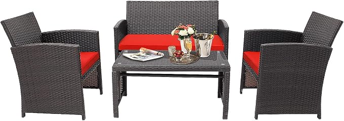HAPPYGRILL Set of 4 Rattan Conversation Set Outdoor Wicker Furniture Set with Tempered Glass Coffee Table, Soft Cushions, Weather-Resistant Rattan Chair Set for Garden Backyard Poolside