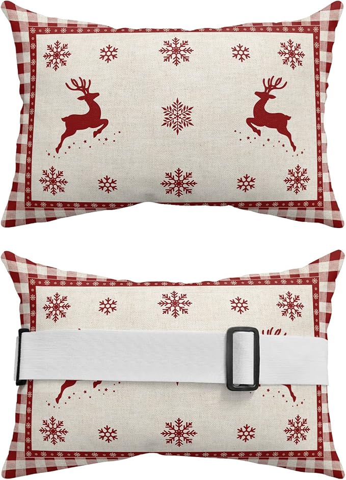 Outdoor Pillows Covers with Inserts Christmas Snowflake and Elk Red Buffalo Plaid Waterproof Recliner Pillow with Adjustable Strap Throw Pillows for Patio Furniture Pool Lounge Chair, 11x16 inch, 1PCS