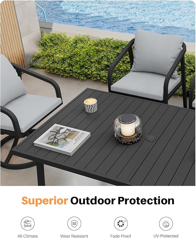 7 Pieces Outdoor Dining Set, Never-Rust Aluminum Patio Swivel Dining Set for 6, Outdoor Furniture Set with 2 Swivel Chairs, 4 Dining Chairs, Patio Table Set for Commercial, Deck, Garden, Black