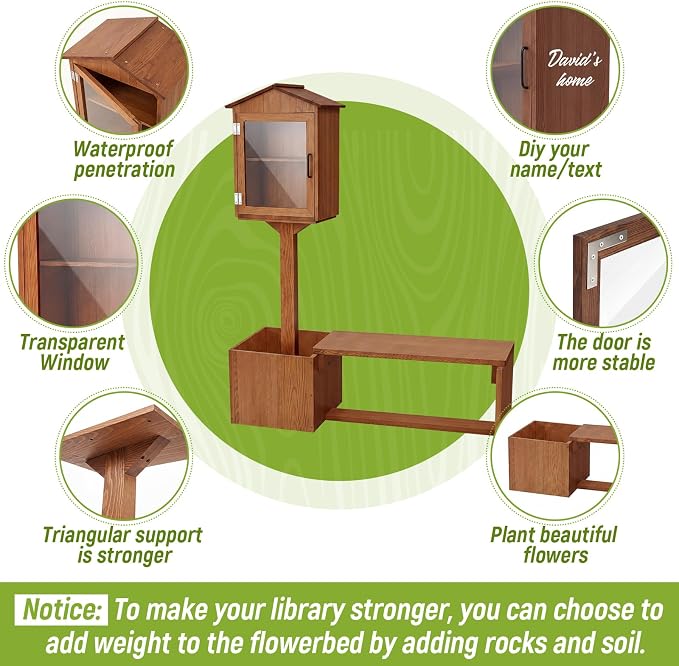Wonderjune 3-in-1 Little Library Box Outdoor with Bench & Planter DIY Paintable Lending Free Library Pine Wood Neighborhood Share Box Ground Mount Kit for Yard Garden Community School(Dark Brown)