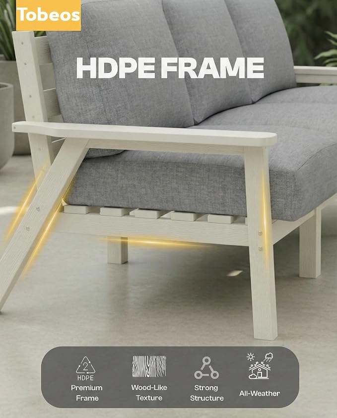 HDPE Patio Furniture Set 5 Seats with Cantilever Umbrella, Outdoor Couch with Washable Thick Gray Cushions & Tables, Outdoor Sectional Furniture for Deck, Lawn, Porch (White Frame)