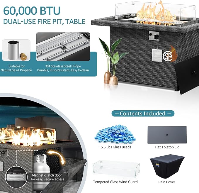 NICESOUL 11 Piece Outdoor Furniture Sets with Natural Gas/Propane Firepit, XXL 10-Seats Patio Sectional, 29.3'' High-Back Backyard Seating, All-Weather Wicker Couch Set for Outside, Deck, Grey & Teal