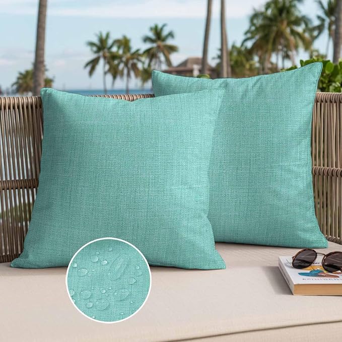 Pack of 2 Waterproof Outdoor Pillow Covers 16x16 Inch Decorative Pillow Covers Turquoise Burlap Texture Throw Pillowcases Farmhouse Vintage Aqua Outdoor Cushion Cover for Couch, Patio, Tent