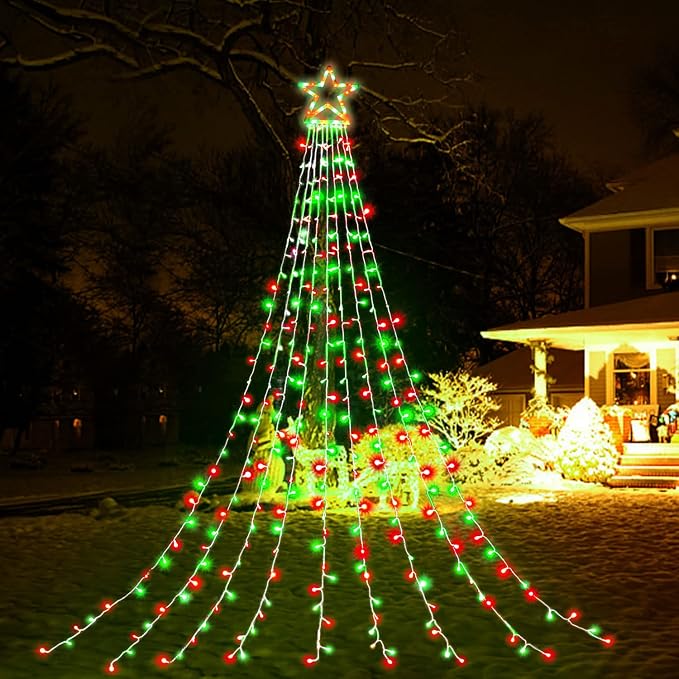 Christmas Decorations, Outdoor Christmas Lights, 320 LED Outdoor Christmas Tree String Lights with 12" Star Toppers [8 Modes& Waterproof] for Xmas New Year Holiday Decor (Red & Green)