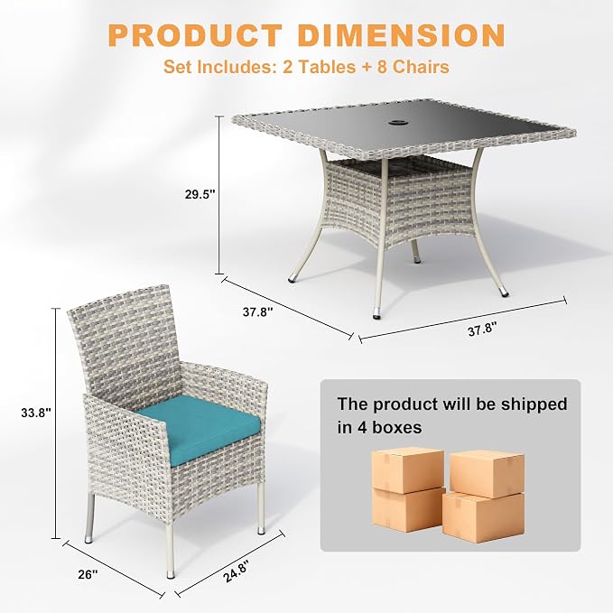 10-Piece Patio Dining Set, Patio Furniture Set with Square Tempered Glass Table & 8 Wicker Chairs, Expandable Design for Larger Groups, Outdoor Furniture for Backyard, Deck, Garden, Turquoise