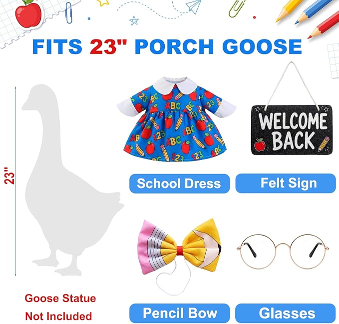 Porch Goose Back to School Outfit for 23 Inch Goose Statue, Teacher Style Classroom Goose Clothes with Pencil Bow, Round Glasses and Welcome Back Sign, Classroom Door Decor for Teachers