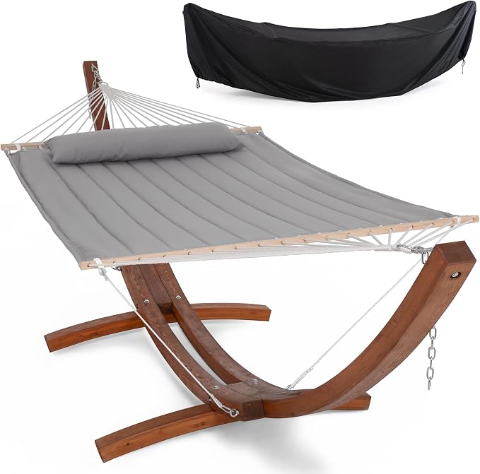 SUNCREAT Double Hammocks Standing Backyard Hammock with Stand, 2 Person Heavy Duty Hammock with 13.5 ft Wooden Stand, Light Gray