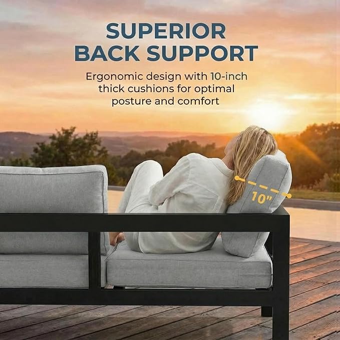 Solaste Aluminum Patio Furniture Set for All Weather, Oversized Metal Outdoor Furniture with 27.5" Deep Seating and 3.2" Wide Armrest, Patio Conversation Set with 10’’ Back Cushion, Black and Grey