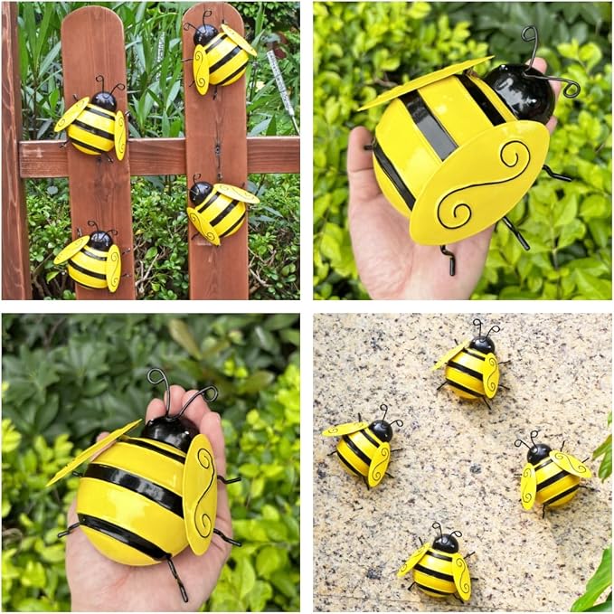 Metal Bumble Bees Garden Outdoor Decor Honey Bee Yard Art Outside Patio Fence Home Wall Decorations (Set of 4)