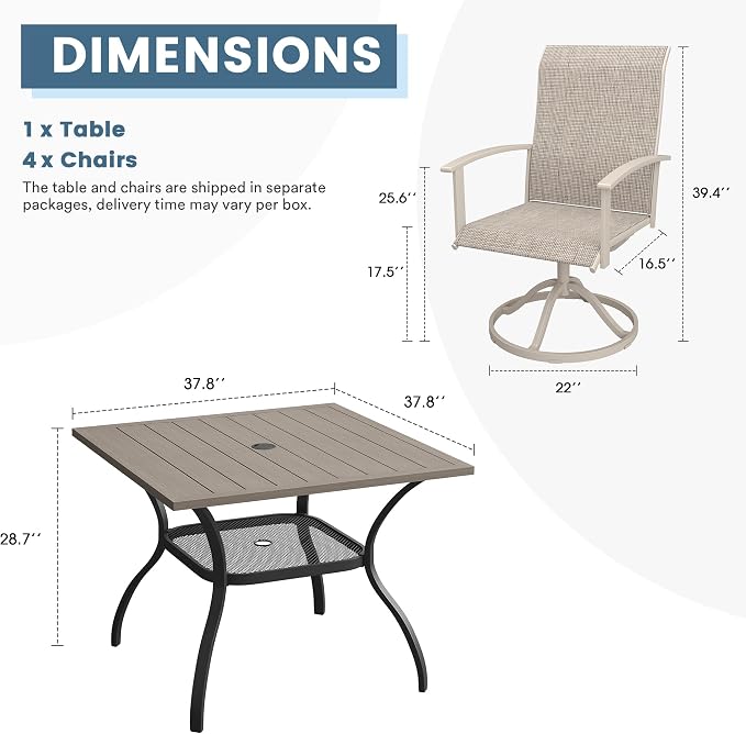 DIFY 5 Pieces Outdoor Dining Set, Metal Patio Table and Chairs Set for 4 with Umbrella Hole, 37.8" Grey Wood-Like Square Table and Sandshell Textilene Swivel Patio Chairs for Garden, Backyard, Deck