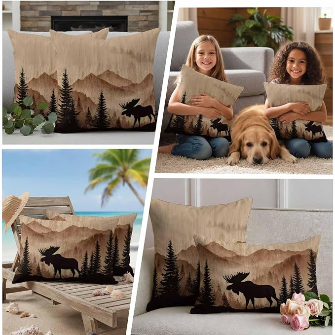 Moose Silhouette Outdoor Pillow Covers 24"x24" Set of 2, Nature Mountain Landscape Waterproof Throw Pillow Covers for Patio Furniture, Decorative Cushion Covers for Porch