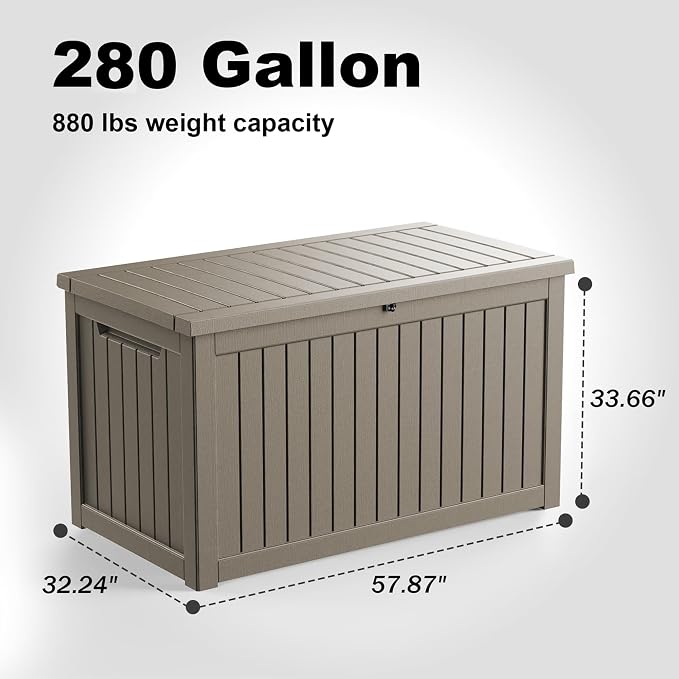PatioZen 280 Gallon Resin Deck Box, Lockable Outdoor Storage Box for Patio Cushions Storage Furniture,Garden Tools, Pool Supplies, Weatherproof and UV Resistant (Grey)