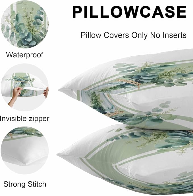 Sage Green Eucalyptus Leaves Outdoor Pillow Covers 20x20 Inch Throw Pillow Covers Set of 2 Waterproof Decorative Pillow Cases Farmhouse Stripe Botanical Cushion Covers for Patio Furniture Garden Couch